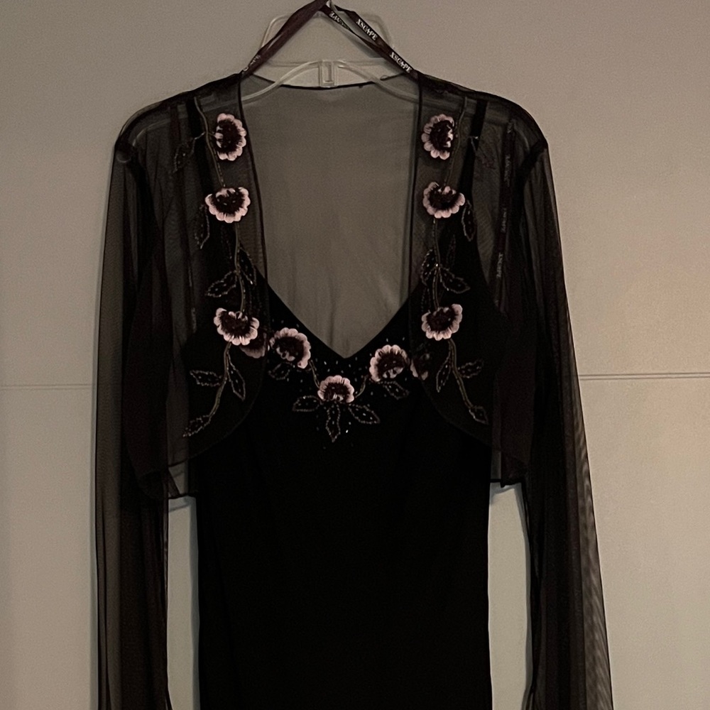 Xscape Brown and Pink Asymmetrical Embellished Gown with Jacket